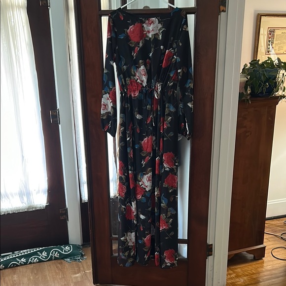 Black Maxi Dress with Red Floral Pattern - Picture 1 of 4